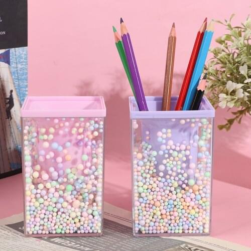 Creative Rounded Square Shape Pencil Case Cute Pink Transparent Pen Holder Large Capacity Storage Box For School Stationery Box