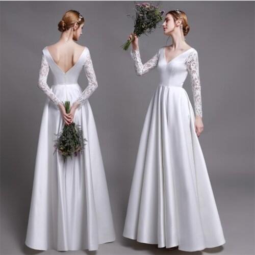 Lace Deep V-Neck Sexy Long Sleeve Satin Floor Length A-Line Backless Wedding Gown Wedding Dress Bride robe de mariée