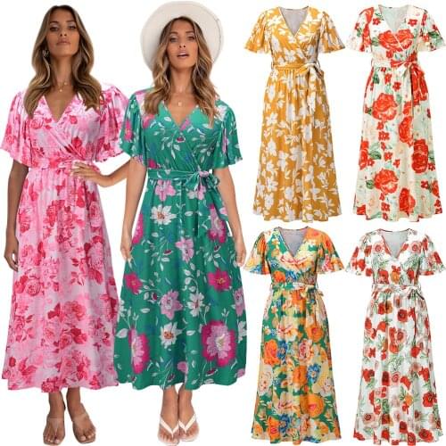 Summer Women Dress Sexy V-Neck Bohemian Print Floral Slim With Belt Lace Up Female Vestido OL Casual Spring Party Robe C2557
