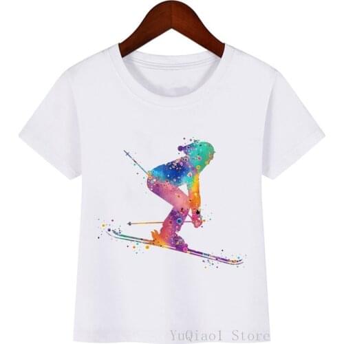 2021 Hot Sale Funny Watercolor Skiing T-Shirt Girls/Boys Skiing Love Summer Tops Tee Shirt ChildrenS Clothing T Shirt Girl/Boy