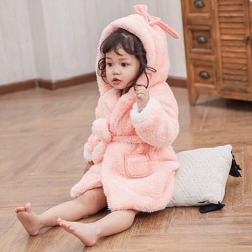 Cute Kids Toddler Baby Girls Flannel Pink Hooded Bathrobe Children Sleepwear Bow Bath Robes Night-robe Pajamas.Kids Clothes