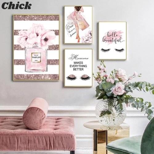 Pink Flower Perfume Fashion Poster Eyelash Lips Makeup Print Canvas Art Painting Wall Picture Modern Girl Room Home Decoration