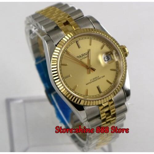 Parnis 36mm black dial golden hands and marks date sapphire glass 21 jewels MIYOTA Automatic movement Mens watches