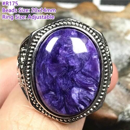 Real Natural Purple Charoite Crystal Ring Jewelry For Man Ring Gift Silver Reiki Oval Beads Stone Silver Adjustable Ring AAAAA