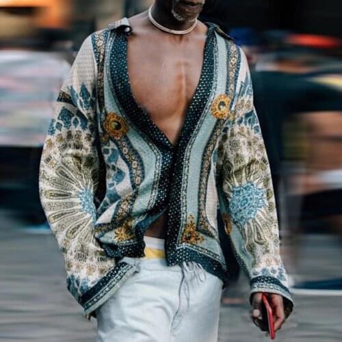 New Mens Casual Blouse Men Shirt Printed Buttons Summer Loose Tops Long Sleeve Lapel Top for Party Casual Handsome Men Shirt