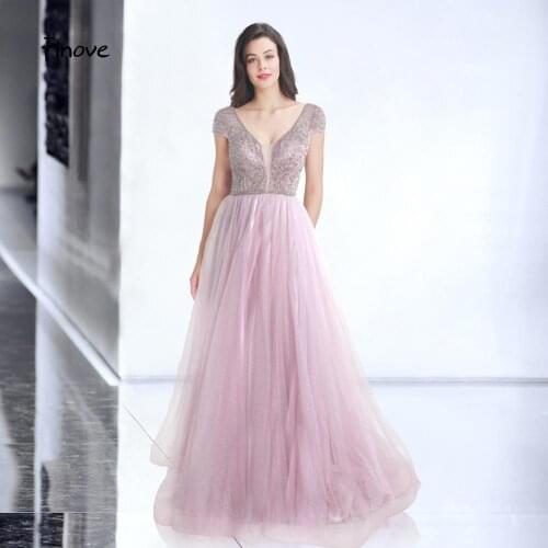 Finove Prom Dresses Long Pink Beaded Plus Size Elegant V Neck Long Length A Line Evening Gown Vestido De Festa