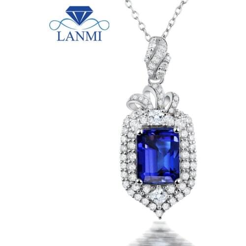 18K White Gold Pendant Natural Tanzanite Diamond For Wedding Party Emerald Cut 7x9mm Gemstone Jewelry WP071