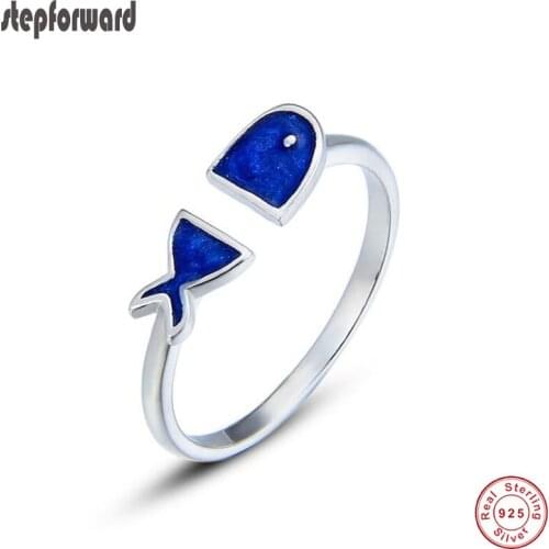 Popular Fashion High Quality Student Silver Jewelry Blue Enamel 925 Sterling Silver Open Mouth Fish Ring