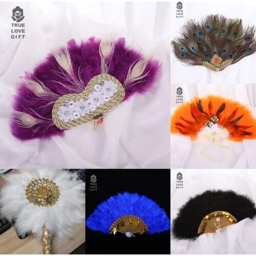 Feather Hand Fan Handmade Spanish Dance Lace Feather Fans for Wedding Party Gift Dropshipping Chinese Luxurious Wedding Decor