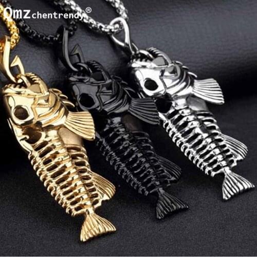 Stainless Steel Fishing Hollow Black Golden Jewelry Unique Fish Bone Pendant Necklace Personality Vintage Box chain Necklace
