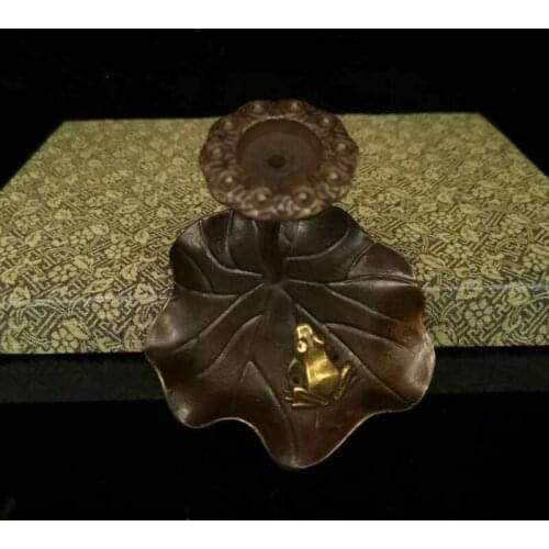 Chinese Old Pure Brass Lotus Leaf Shaped Incense Burner Statue