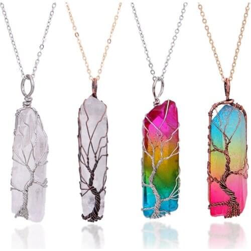 Vintage Irregular Natural Stone Crystal Pendant Necklace Women Men Wire Wrap Pendants Pendulum Gems Rainbow Jewelry