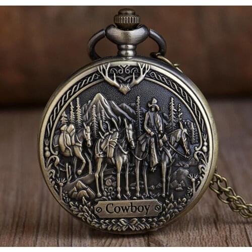 Antique Vintage Bronze Cowboy Horse Quartz Pocket Watches Analog Pendant Men Women Pocket Watches Necklace Chain Best Gifts