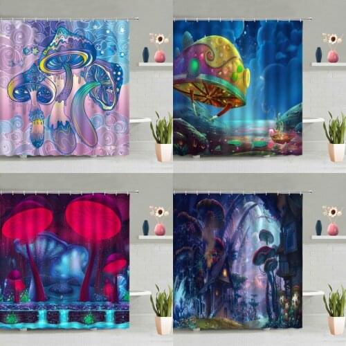 Fantasy Mushroom House Shower Curtain Set Flowers Plant Forest Fairy Tale World Bathroom Bathtub Decor Screen Washable With Hook