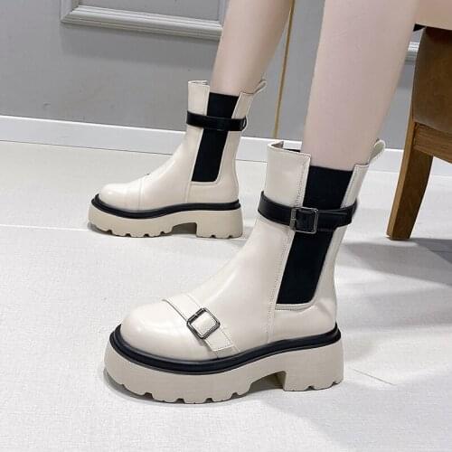 New 2022 Mid Calf Boots Women Autumn Winter Fashion Lace-up Leather Boots Sports Platform Heels Ladies Chunky Shoes Botas Mujer