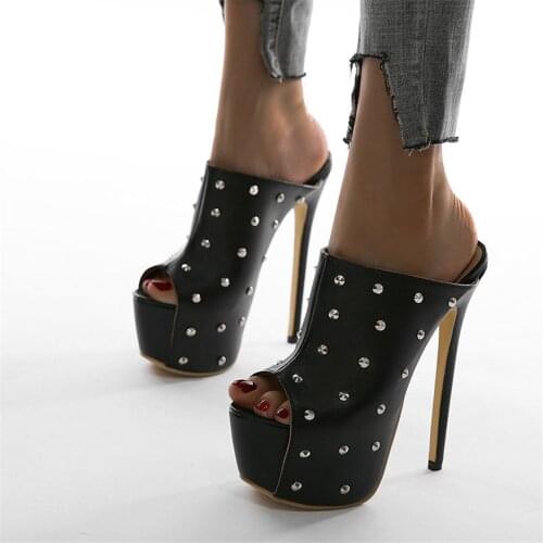 Comemore Super High Heels Ladies Retro Rivets Shoes Peep Toe Soft Leather Party Sandals Black Women High Platform Slippers Pumps