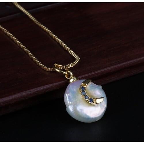 Navy blue cz tiny crescent moon charm natural coin freshwater pearl bead chic gold link chain pendant choker necklace for women
