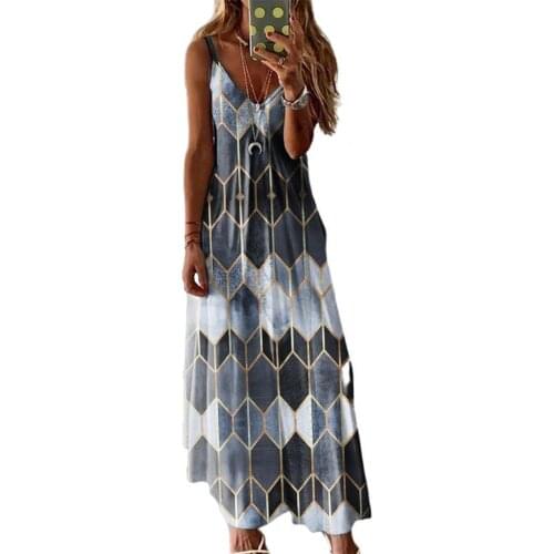 Women Dress Geometric Hexagon Large Hem V Neck Sleeveless Cotton Maxi Sling Dress for Summer Ladies Loose Sundress Party Dresses