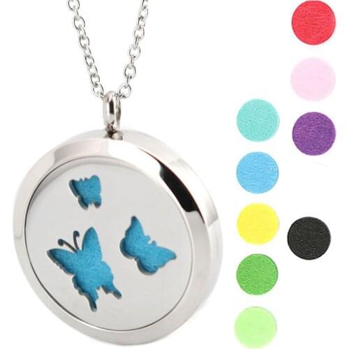 10pcs 30mm Round Silver Butterfly Aromatherapy Oils Stainless Steel Perfume Diffuser Locket Necklace pendant