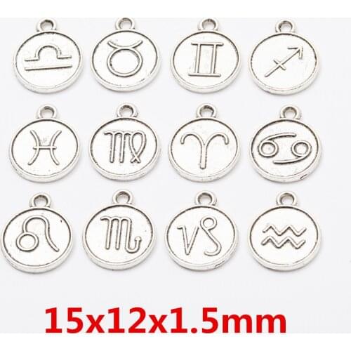 12pcs Vintage Constellations antique Silver color zodiac charms DIY Alloy Accessories Ancient Bracelet Hanging Necklace Pendant