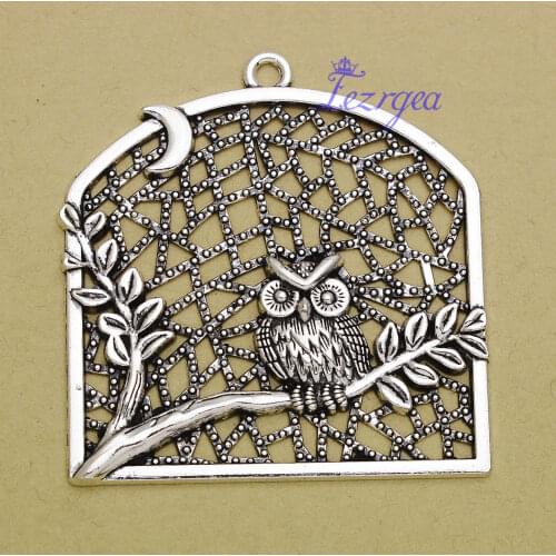 3pcs/lot--56x53mm,owl chams, Antique Silver plated moon owl charms ,DIY supplies, Jewelry accessories
