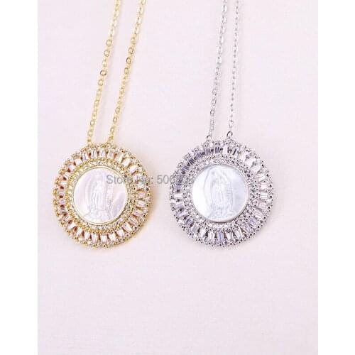 5 Strands ZYZ185-8801 Round shape CZ Paved NEW Natural Mother of Pearl MOP Shell Maria Pendant Necklace Jewelry