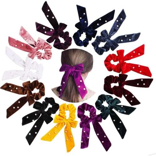 Brand Quality Bow Knotted Hair Scrunchy Velvet Hair Ties With Pearl Bead Winter Womans Accesories Korea Hairband