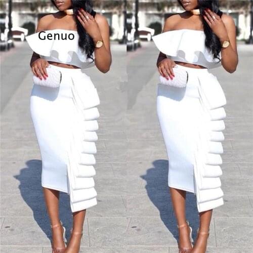 Women 2 Piece Sets Crop Tops Skirts Sexy Dinner Ruffles Off Shoulder Slim Fashion New Summer Backless Party Wear Suit
