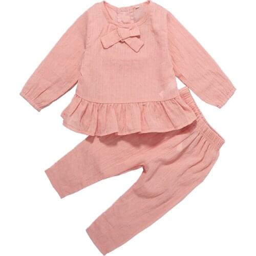 Baby Girl Birthday Outfit Children Pure Color Long Sleeve Top Pants 2pcs Clothes Set Kids Baby Girls Sleepwear Suits 0-24M