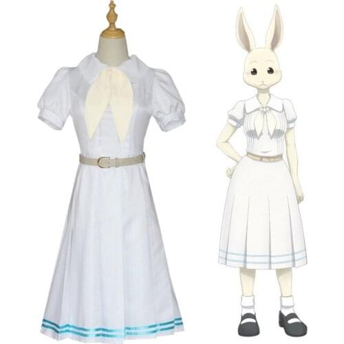 Summer Woman Dress Anime Beastars Haru Cosplay Costume White Uniform Rabbit Animal Cute Dress+ Ear +Socks Suit S-3XL C72K170