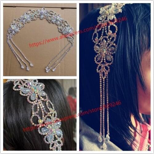 Fashion AB crystal flower long trims for headscarf sewing ornaments rhinestone applique for garment hairdress crafts accessory