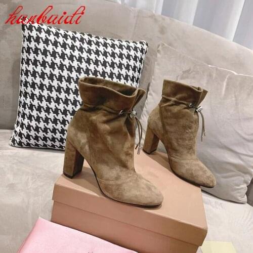 Fashion Winter Boots Women High Heels Ankle Casual Boots Square Heels Leather Boots Mid Calf British Style Elaqstic Band Shots