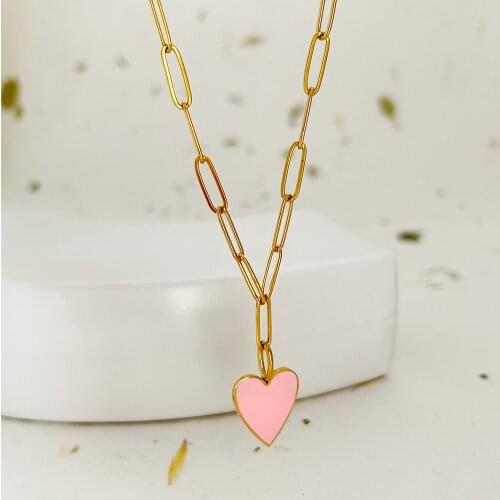 Monlansher Pink Enamel Heart Pendant Necklace Titanium Steel PaperClip Chain Necklace Womens Minimalist Necklaces Jewelry Trend