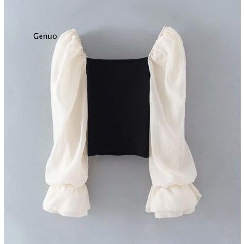 New Women elegant organza puff sleeve patchwork knitted casual smock blouse ladies chic square collar feminina shirt tops