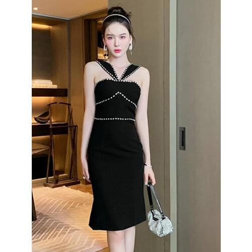 Fashion French Retro Sexy Strapless Midi Party Birthday Dress Ladies Elegant Coffee Break Halter Sleeveless Bodycon Black Dress