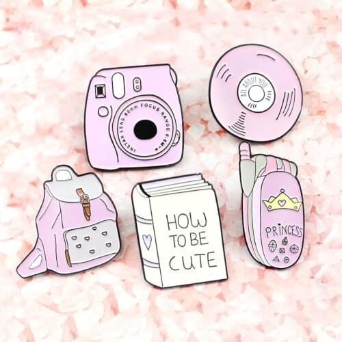 Pink little refreshing Enamel Brooches Pins Princess How To Be Cute All About You needle Camera mobile phone Lapel Badge jewelry