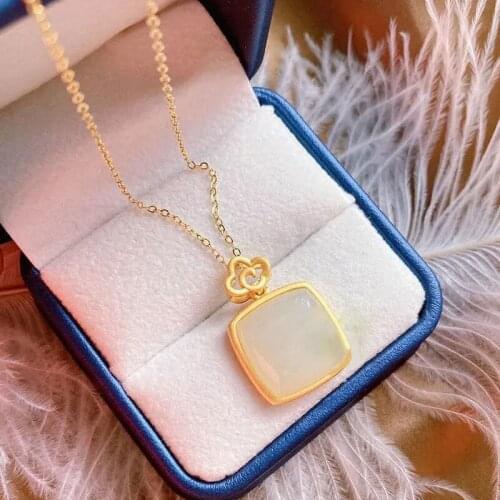 S925 Sterling Silver Gilding Craft Natural Hetian Jade Green Jade Pendant Simple Square Tag Necklace Pendant Ornaments Women