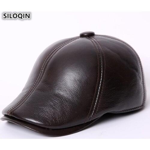 SILOQIN Mens Genuine Leather Hat Autumn Winter Fashion Cowhide Leather Berets Earmuffs Plus Velvet Warm Brands Hat Gorra Hombre