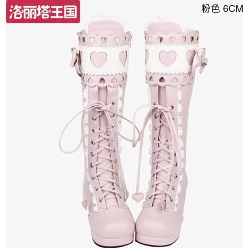 Super Mooie Japanse Ronde Neus Lolita Laarzen Zoete Kant Boog Hart Vorm Bgx Prinses Cosplay Schoenen Kid Meisje Vrouwen Gift