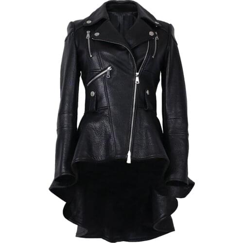 YOLOAgain Women Dovetail Long Genunie Leather Jacket Irregular