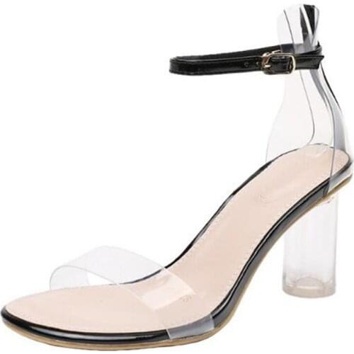 Women sandals PU Buckle Strap 8CM Thick heel High heels Round Toe Shallow women shoes sandalias mujer 2020 size 35-42 black