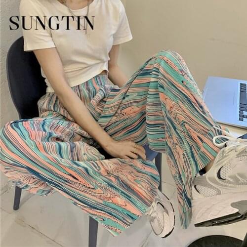 Sungtin Tie Dye Elastic High Waist Wide Leg Pants Women Casual Loose Korean Chic Full Length Straight Trousers Female Fashion