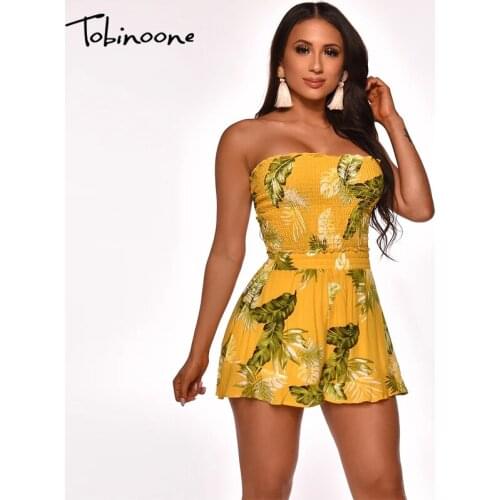 Tobinoone Floral Printing Summer Sexy Women Playsuit Sashes Off Shoulder Tops Sleeveless Beach Wear Short Jumpsuit Backless Sexy