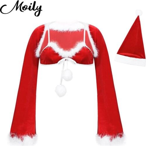 Women Female Charming Sexy Santa Costumes Flannel Feather Trim Hot Erotic Set Winter Ladies Christmas Party Lingerie Nightwear