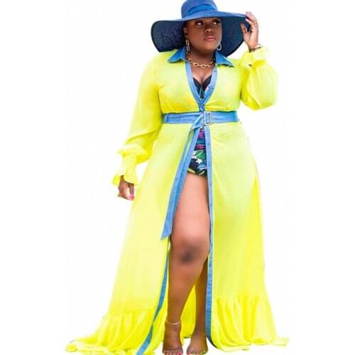 Large Size Women Long Dress Full Sleeve Ruffle Patchwork Sun Protection Robes Summer New See Through Beach 4XL Plus Size Dresses