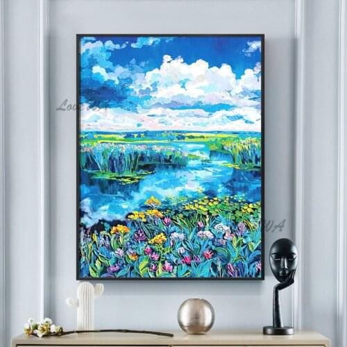 Decoration Abstract Painting Of Landscape In Bright Colours With Many Flowers New Arrival Wall Art Home Decor On Canvas Unframe