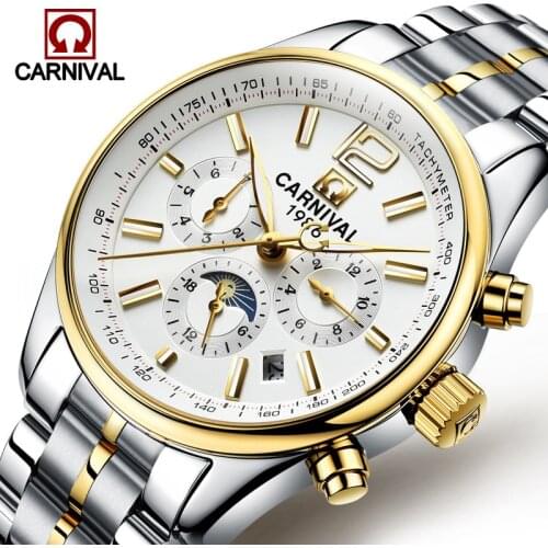 Carnival Luxury Brand Watches For Men Fashion Waterproof Luminous Moon Phase Automatic Mechanical Wrist Watch Relogio Masculino