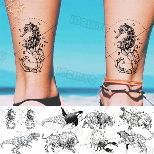 Black Seahorse Small Temporary Tattoos For Women Girls Realistic Whale Dinosaur Tiger Rhino Fake Tattoo Sticker Leg Arm Tatoos