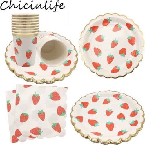 Chicinlife Disposable Tableware Strawberry Paper Plates Cups Napkins Happy Birthday Party Decor Wedding Summer Party Supplies