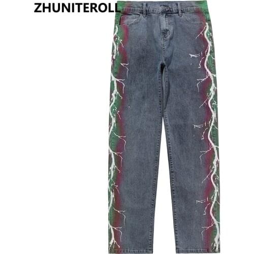 Denim Cargo Pants 2021 Jeans For Men Hip Hip Lightning Print Baggy Biker Jeans Harajuku Trousers Joggers Streetwear Goth Clothes